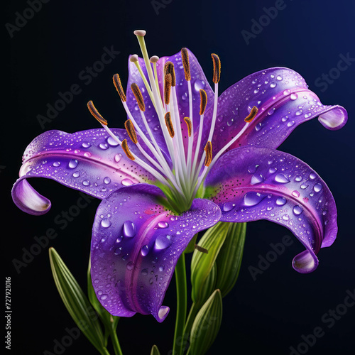 A purple lily flower with water droplets on its petals and stamen and a bright color of the flower.Floral for cards and decoration, wedding cards, celebration, invitation