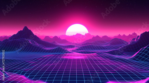 Retro futuristic 80's synthwave landscape and sunset background. wireframe grid canyon mountain. vaporwave sun low poly neon light.  © Luciana Studio