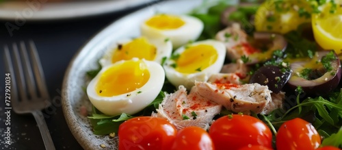 Delicious French Salad Nicoise on a Beautifully Presented Plate - A Fusion of French, Salad, Nicoise, Plate - French, Salad, Nicoise, Plate Perfection photo