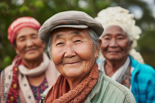 Elderly individuals from different cultural backgrounds, smiling at the camera, showing joy and wisdom.