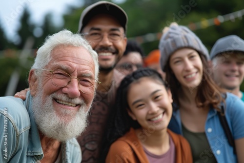 Environmental activists of different ages and backgrounds, smiling together at a green, sustainable living event. © furyon