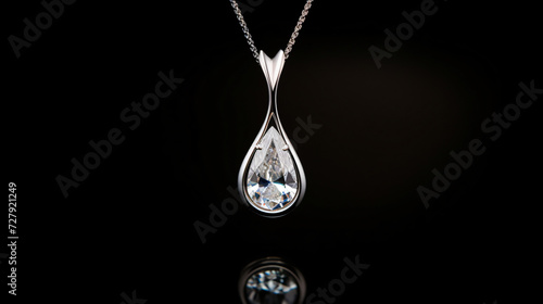 A tear-shaped diamond pendant glistening.