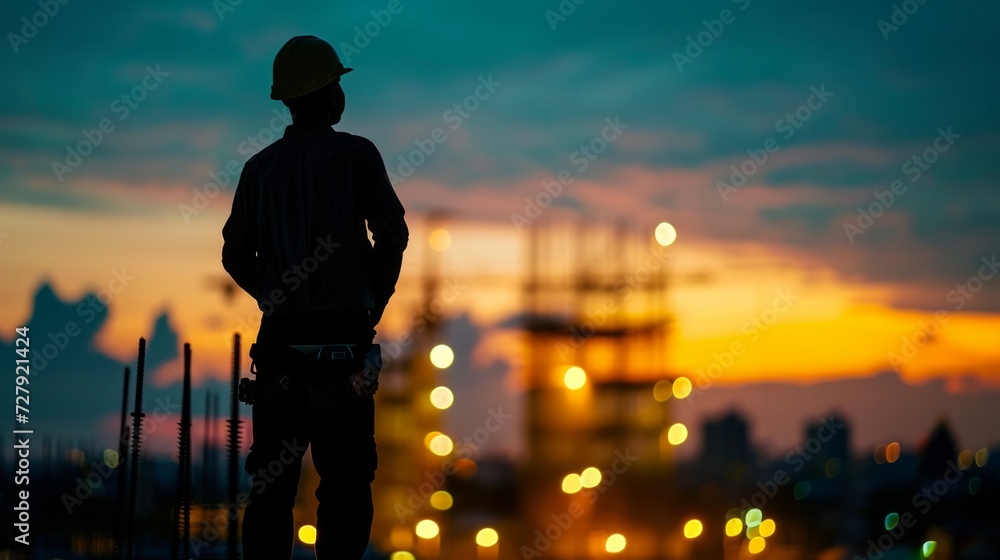 Fototapeta premium Silhouette Teams of Business Engineers looking for blueprints in construction sites through blurry construction sites at sunset.