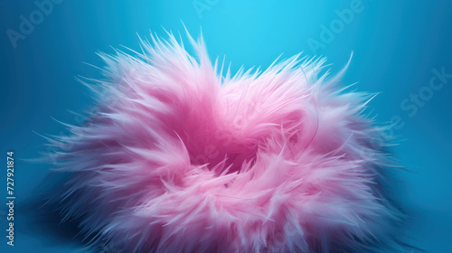 Pink fluffy feather on a blue surface.Easter day concept