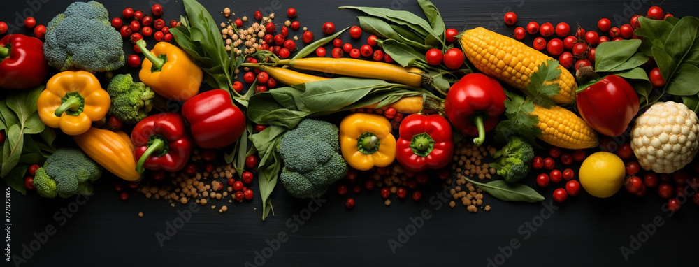 Wide view from above banner image of Vegetarian Day food banner with different types of vegetables and fruit items in a manner on black color wooden table mockup - obrazy, fototapety, plakaty 
