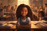 A radiant young girl with curly hair smiles widely, sitting at her desk in a sunlit classroom filled with her peers focused on their studie