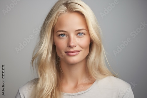 A serene young woman with flowing blonde hair and striking blue eyes offers a subtle, engaging smile against a neutral backdrop