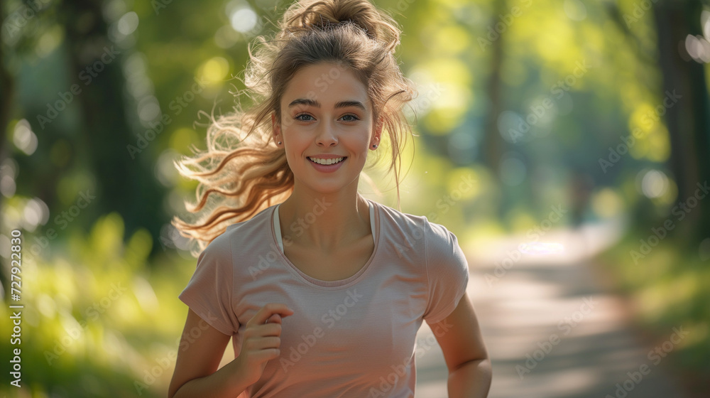 an adult female who appears to be in mid-run, enjoying herself while jogging in a park setting. She is wearing a t-shirt, and has a wristwatch, suggesting he might be tracking his fitness. The backgro an adult female who appears to be in mid-run, enjoying herself while jogging in a park setting. She is wearing a t-shirt, and has a wristwatch, suggesting he might be tracking his fitness. The backgro