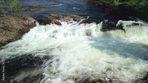 The video starts with a close-up of the Namsen River rapids in Namsskogan, rising to reveal a vast forested landscape in Norway photo