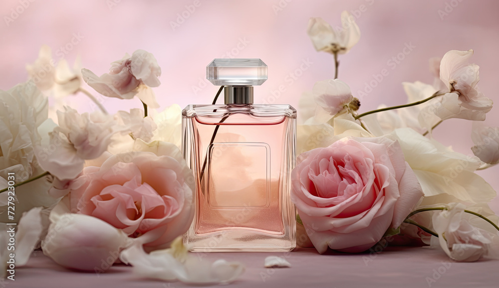 The delicate arrangement of a pink eau de toilette bottle and blossoming flowers against a pink backdrop conveys the essence of a fresh perfume aroma and feminine allure. The delicate arrangement of a pink eau de toilette bottle and blossoming flowers against a pink backdrop conveys the essence of a fresh perfume aroma and feminine allure.