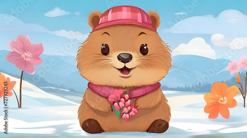 Draw banner cute groundhog day February to greet spring