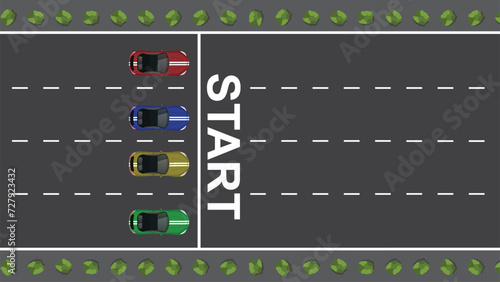 top view flat cartoon of race car vehicle with track racing start and finish line point