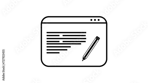 Minimalistic icon of a webpage with text lines and a pencil, representing content editing or web design on white background.