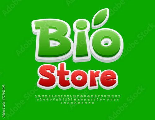 Vector eco template Bio Store. Creative Green Font. Trendy bright Alphabet Letters, and Numbers set.