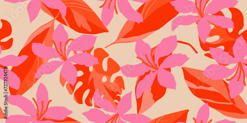 Exotic hand drawn flowers, seamless patterns with floral for fabric, textiles, clothing, wrapping paper, cover, banner, home decor, abstract backgrounds. Vector illustration.