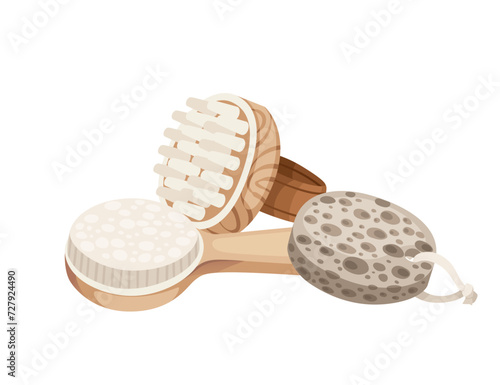 Set of bbody brush with wooden handle for bath or shower vector illustration isolated on white background