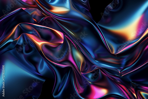 Blue abstract holographic floating waves on black background. Transparent glass texture on wavy figure.