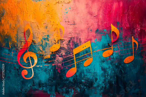 Music notes and icons add up to melody on abstract colorful painted background. Musical concept banner. photo