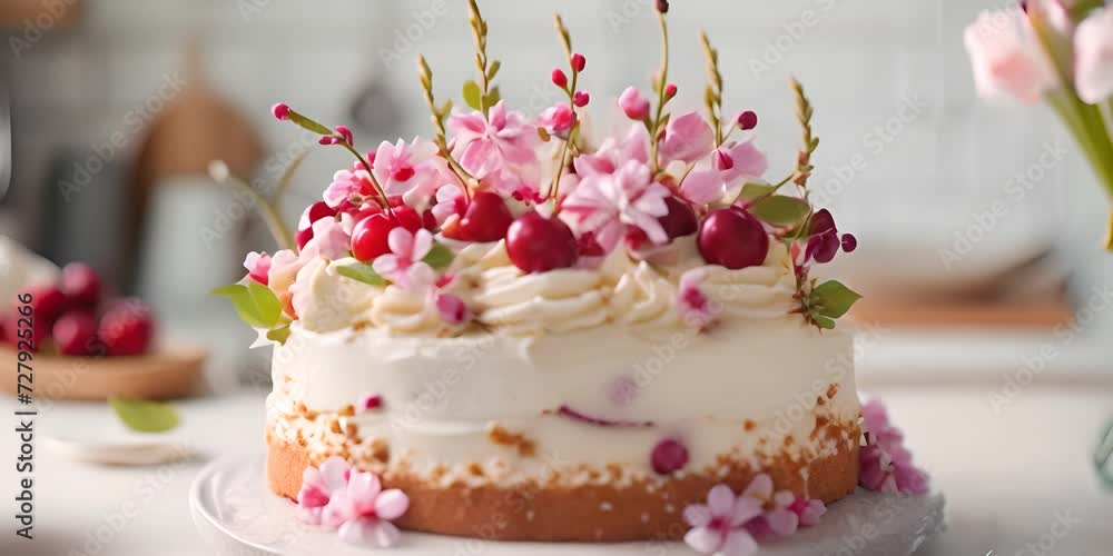 Cake decorated with fresh flowers and cherries on a light background. Celebration and dessert concept. Cake decorated with fresh flowers and cherries on a light background. Celebration and dessert concept.