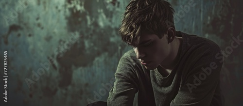 Depressed young man posing against background: A solemn portrayal of a depressed young man, as he poses against a somber and melancholic background. photo