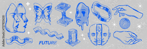 Retro futuristic graphic element vector y2k brutalism poster print set, technology cyberpunk icon. Acid brutal illustration, human face, butterfly, hand, globe. Texture bitmap noise, brutalism element