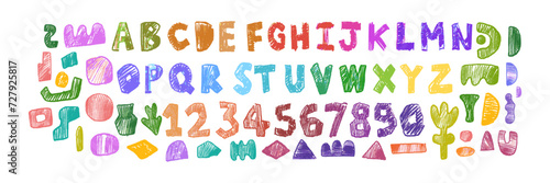 Doodle children font, cartoon funny alphabet, vector hand drawn scribble kid numbers, blobs. School wax crayon abc cute kindergarten handwriting letters, abstract shapes. Color pencil children font