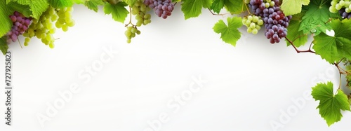 grapevine fruits and leaves as border on white background with copy space photo