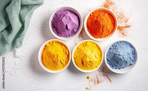 Wallpaper Mural Happy Holi decoration. Top view of colorful holi powder on white background. Hindu spring festival of colours. Top view of traditional holi paint in bowls isolated on white Torontodigital.ca