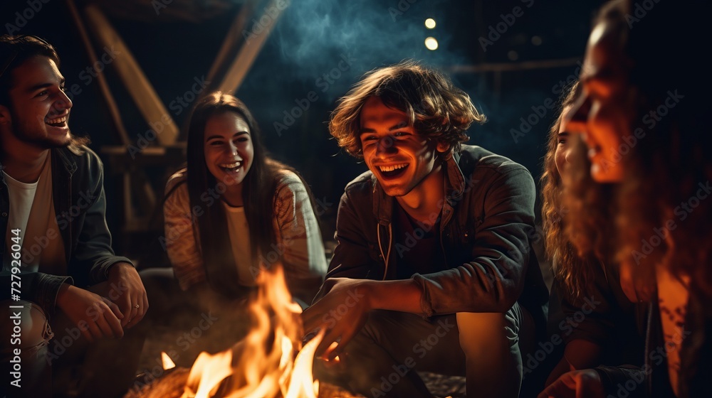 A group of young people sit around a campfire and celebrate A group of young people sit around a campfire and celebrate