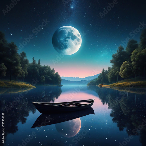 Fantasy night landscape with boat on the lake and full moon in the sky