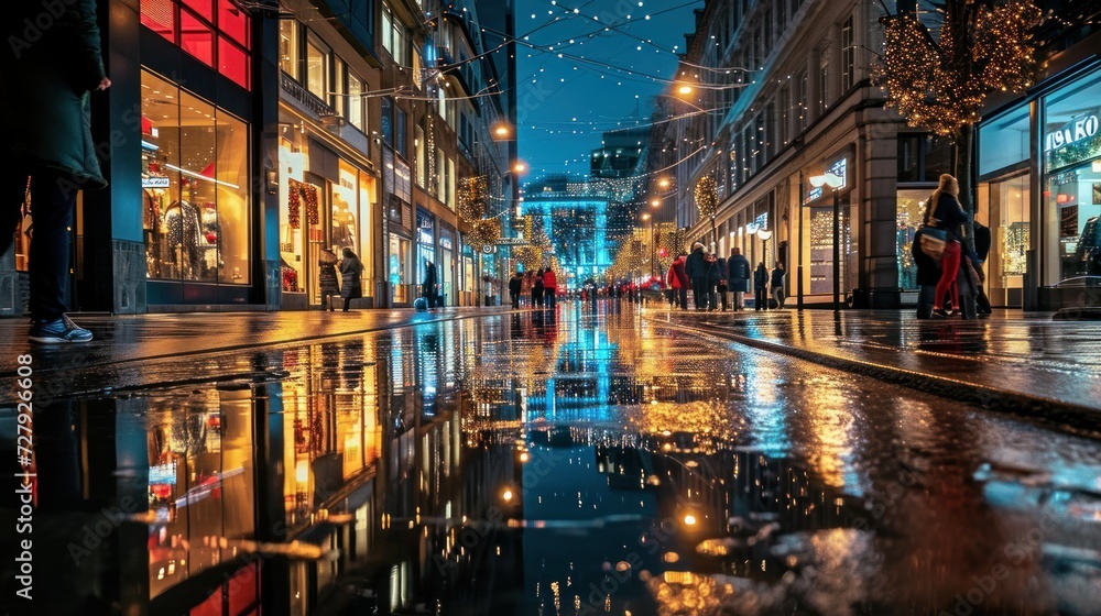 Bustling city street at night during a rainy evening with illuminated shops