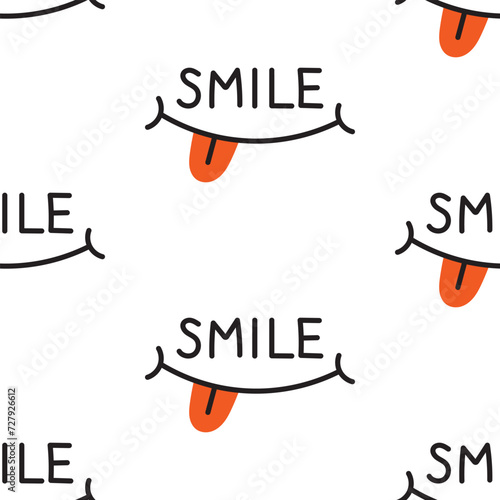 Vector seamless pattern with funny smiling mouths. Cute smile text and mouth with tongue on white background. Wrapping or wallpaper design.