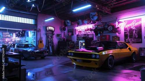 Vintage cars in a neon-lit garage with memorabilia