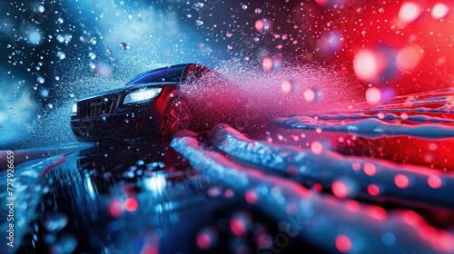 Car in rain with vibrant red and blue lights