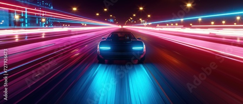 Car speeding on illuminated city highway at night.
