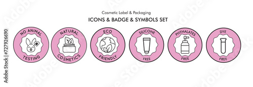 cosmetic Label and packaging icon, eco cosmetic icon, organic natural icon, dye free , silicon free , non toxic, icons for food and cosmetic uses, no animal uses, for all skin type, vector icon set 