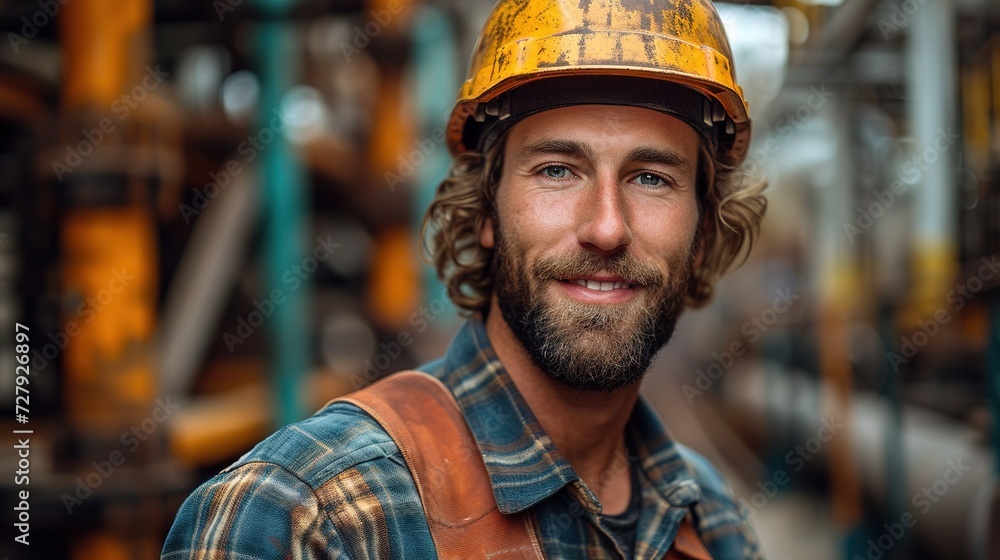 Cute Caucasian bearded construction worker with safety helmet on head Cute Caucasian bearded construction worker with safety helmet on head