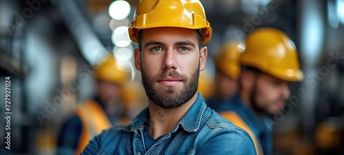 Cute Caucasian bearded construction worker with safety helmet on head © Vasiliy
