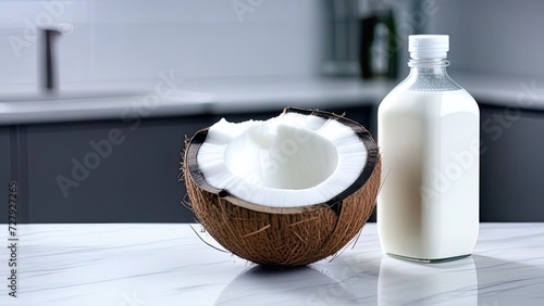 Health content, coconut milk in a glass bottle, coconut halves, light table, close-up