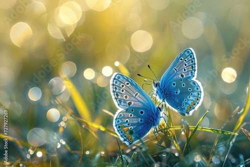 Two blue butterflies Polyommatus icarus in nature outdoors. Butterflies on a spring summer meadow in sunlight in lush grass, macro.high-resolution photo