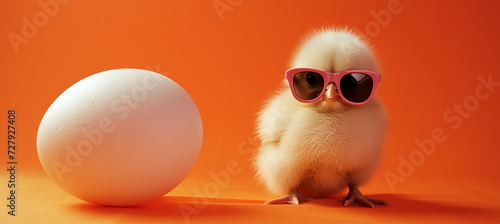 An adorable white chick wearing pink sunglasses against a vivid orange background