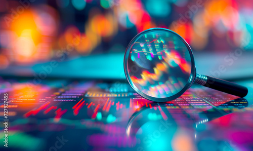 Background of a magnifying glass focusing on vibrant stock market charts.  photo