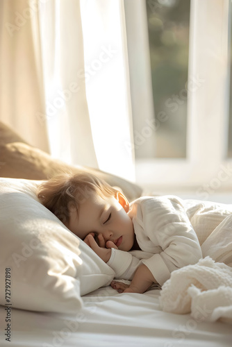 cute little baby sleeping on a pillow, warm soft bed. Daylight, morning, cozy, evening. Toddler, kid