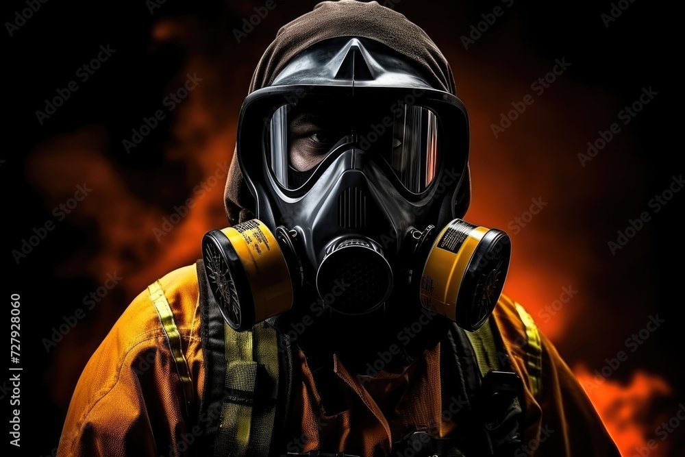 A firefighter dressed in full protective gear, including a gas mask, preparing to combat a hazardous situation.