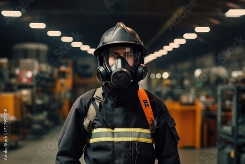 A man wearing a protective gas mask is shown in a factory setting.