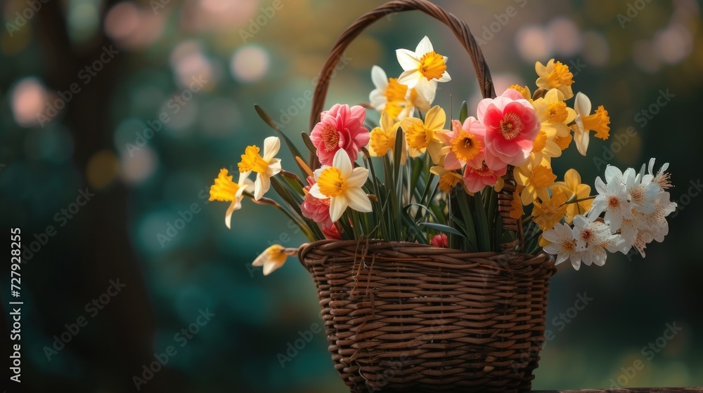 A rustic basket filled with freshly picked daffodils, tulips, and cherry blossoms.