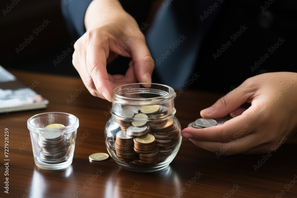 A person carefully dropping coins into a glass jar, saving money for future expenses.