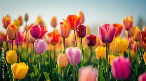 A field of colorful tulips against a clear  sunny sky.