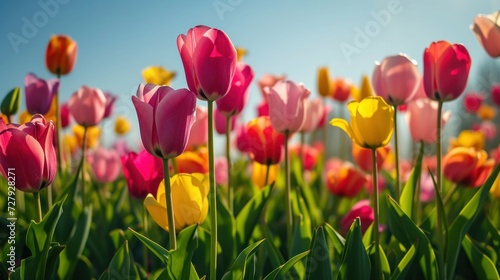 A field of colorful tulips against a clear  sunny sky.