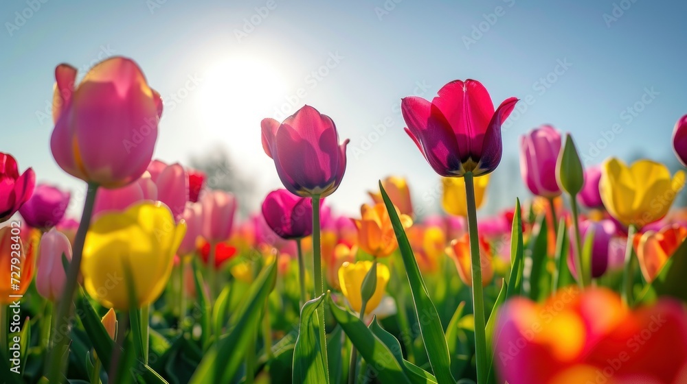 A field of colorful tulips against a clear
